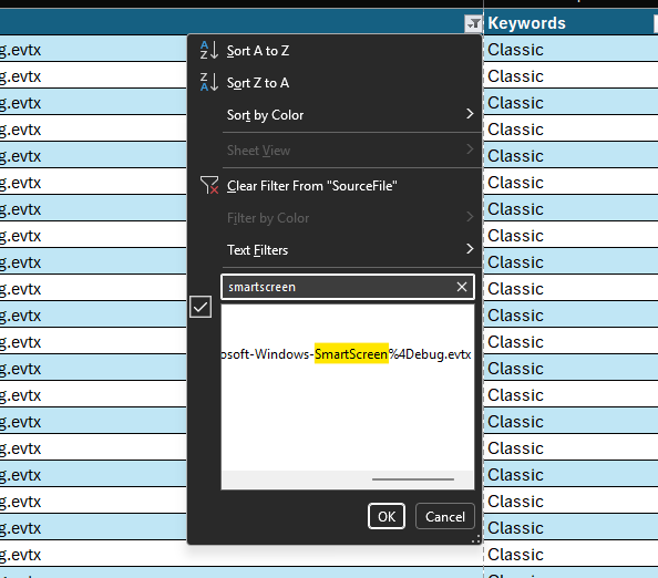 Filtering the SourceFile column for the SmartScreen Debug log