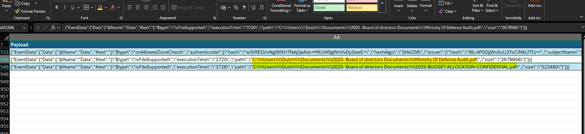 First confidential PDF path recorded by SmartScreen