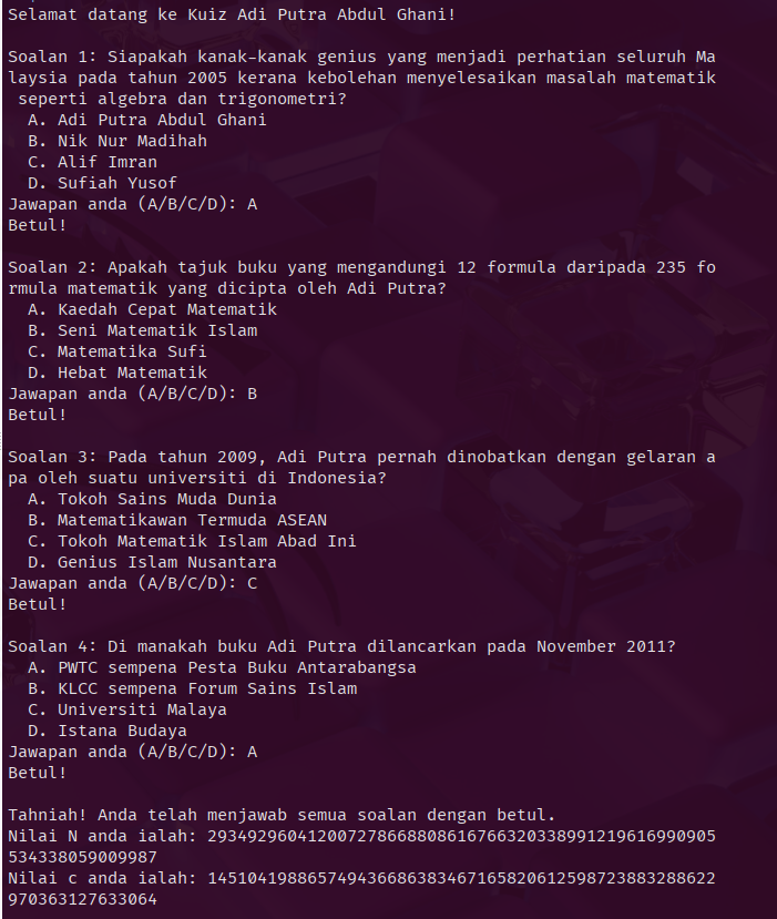 ADI RaSA quiz and generated values