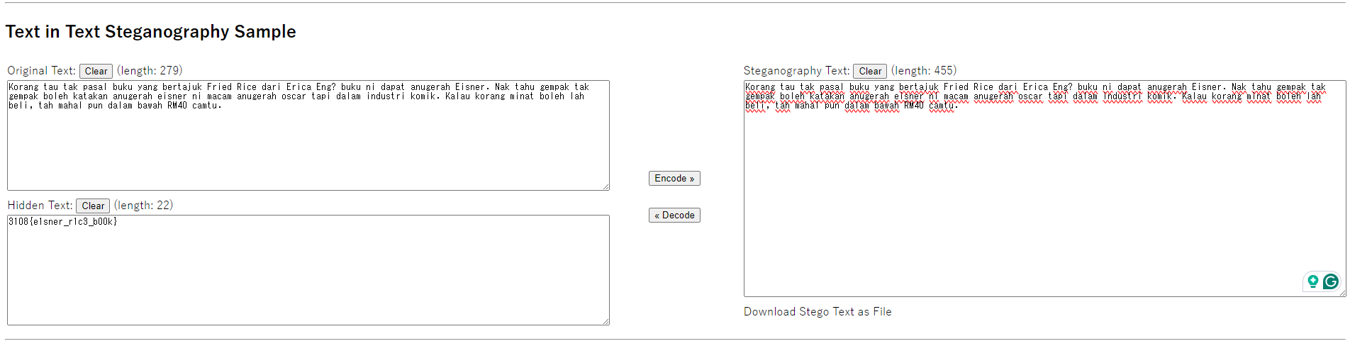 Unicode steganography decoder output