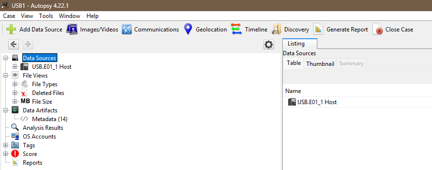 USB E01 image loaded as an Autopsy data source