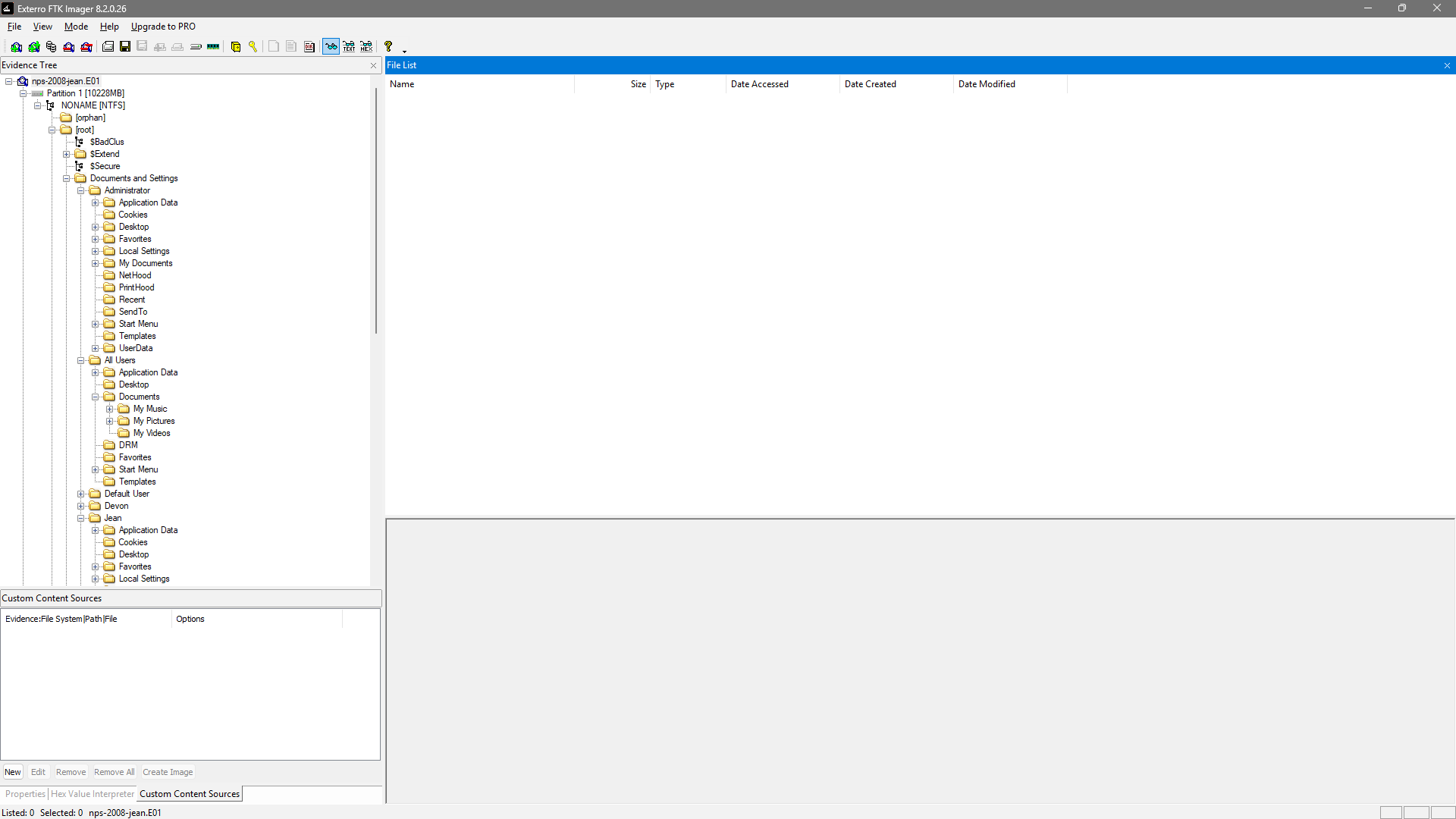Jean's multi-volume E01 image loaded in FTK Imager
