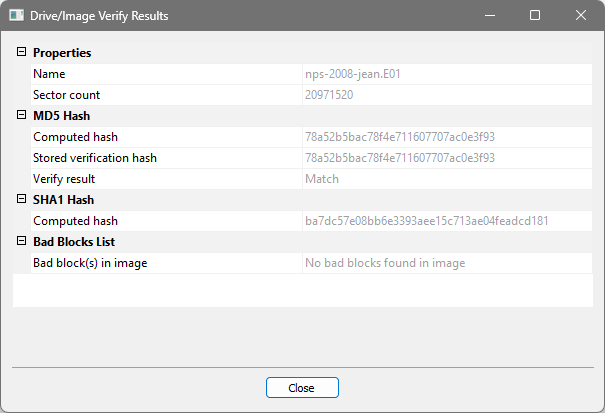 FTK Imager verification results showing a matching MD5 and no bad blocks
