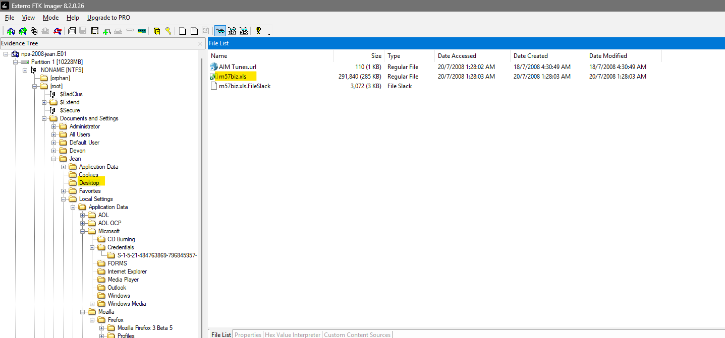 m57biz.xls located on Jean's Desktop in FTK Imager