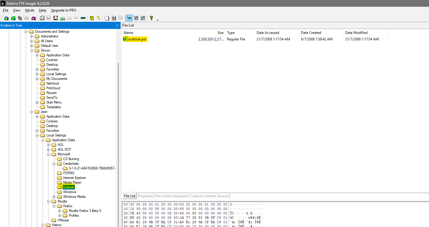 outlook.pst exported from Jean's profile in FTK Imager