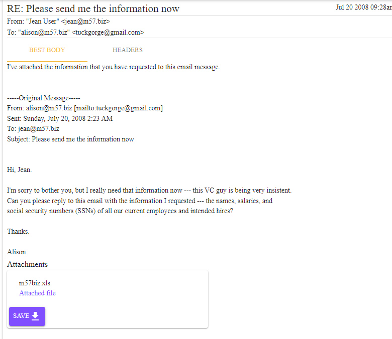 Jean's reply with m57biz.xls attached, viewed in GoldFynch