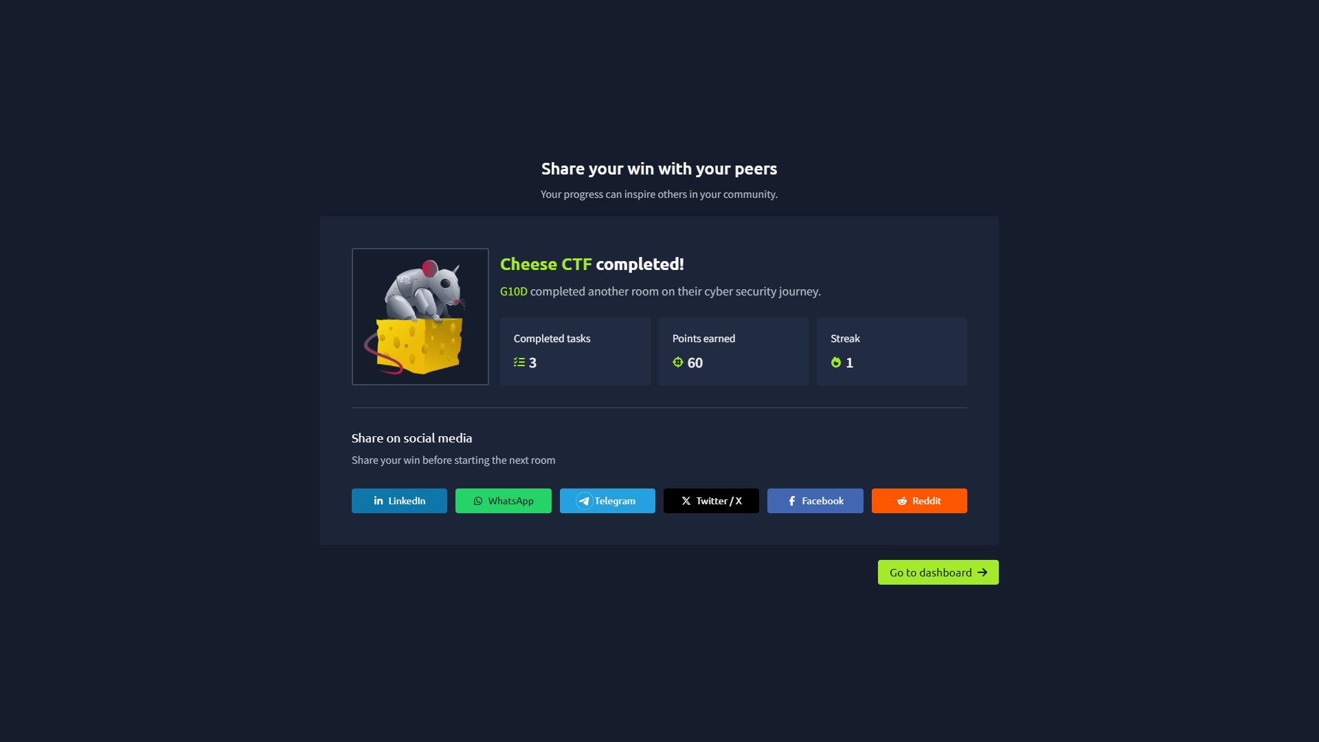 Cheese CTF completion screen